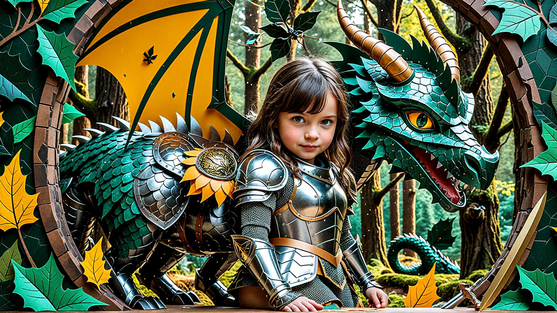 AI generated wallpaper featuring girl, dragon, armor, forest, leaves