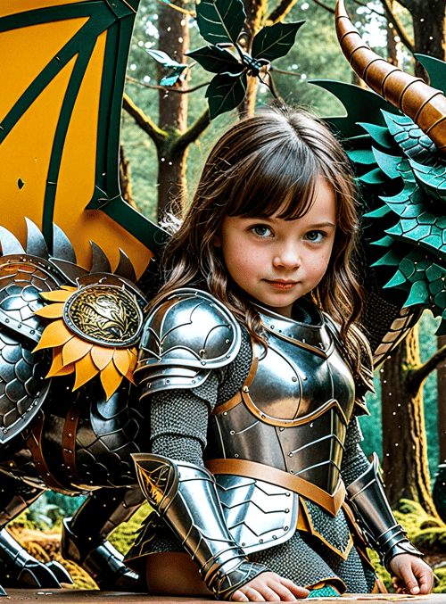 girl, dragon, armor, forest, leaves