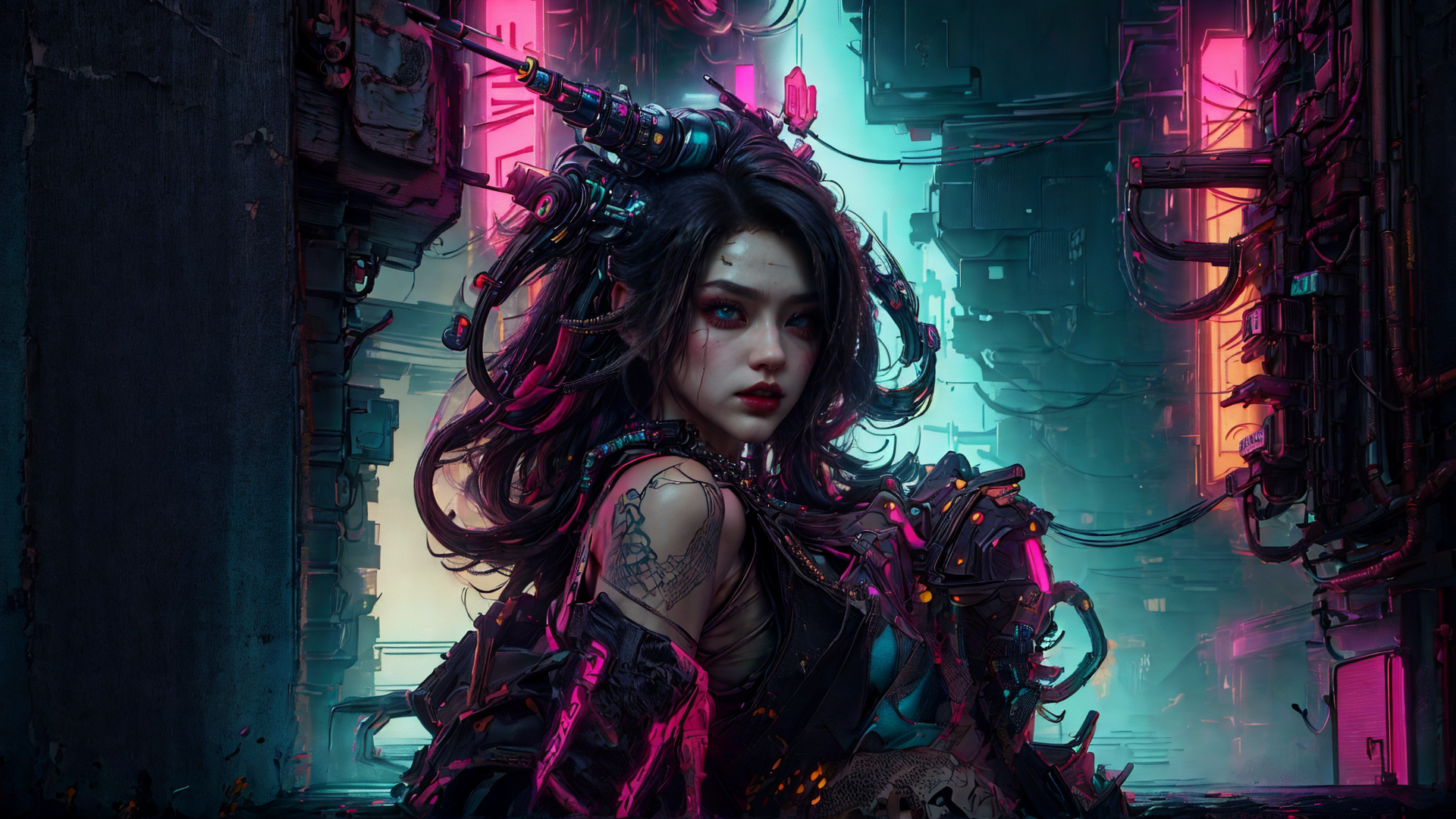 AI generated wallpaper featuring cyberpunk woman, neon city