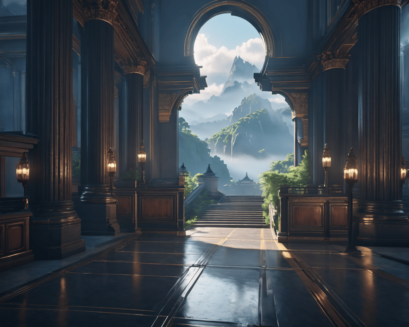 AI generated wallpaper featuring palace, mountains, staircase