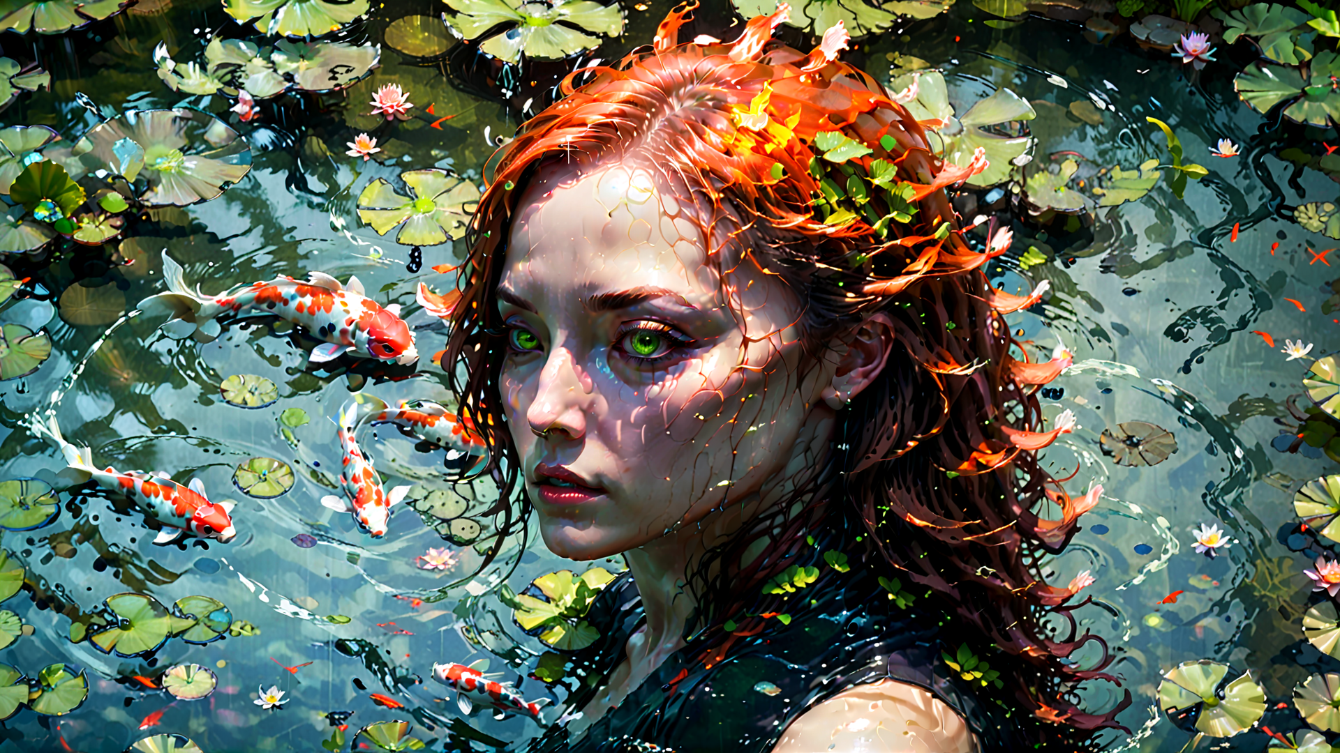 AI generated wallpaper featuring woman, koi fish, lily pads, lotus flowers, water