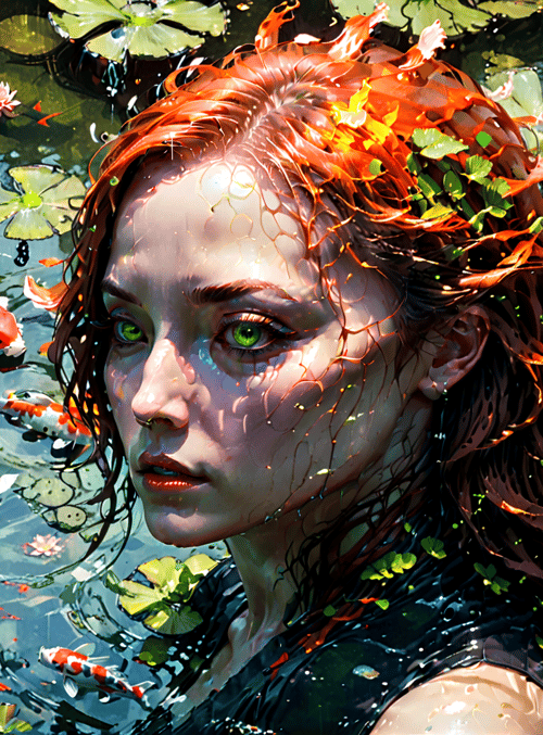 woman, koi fish, lily pads, lotus flowers, water