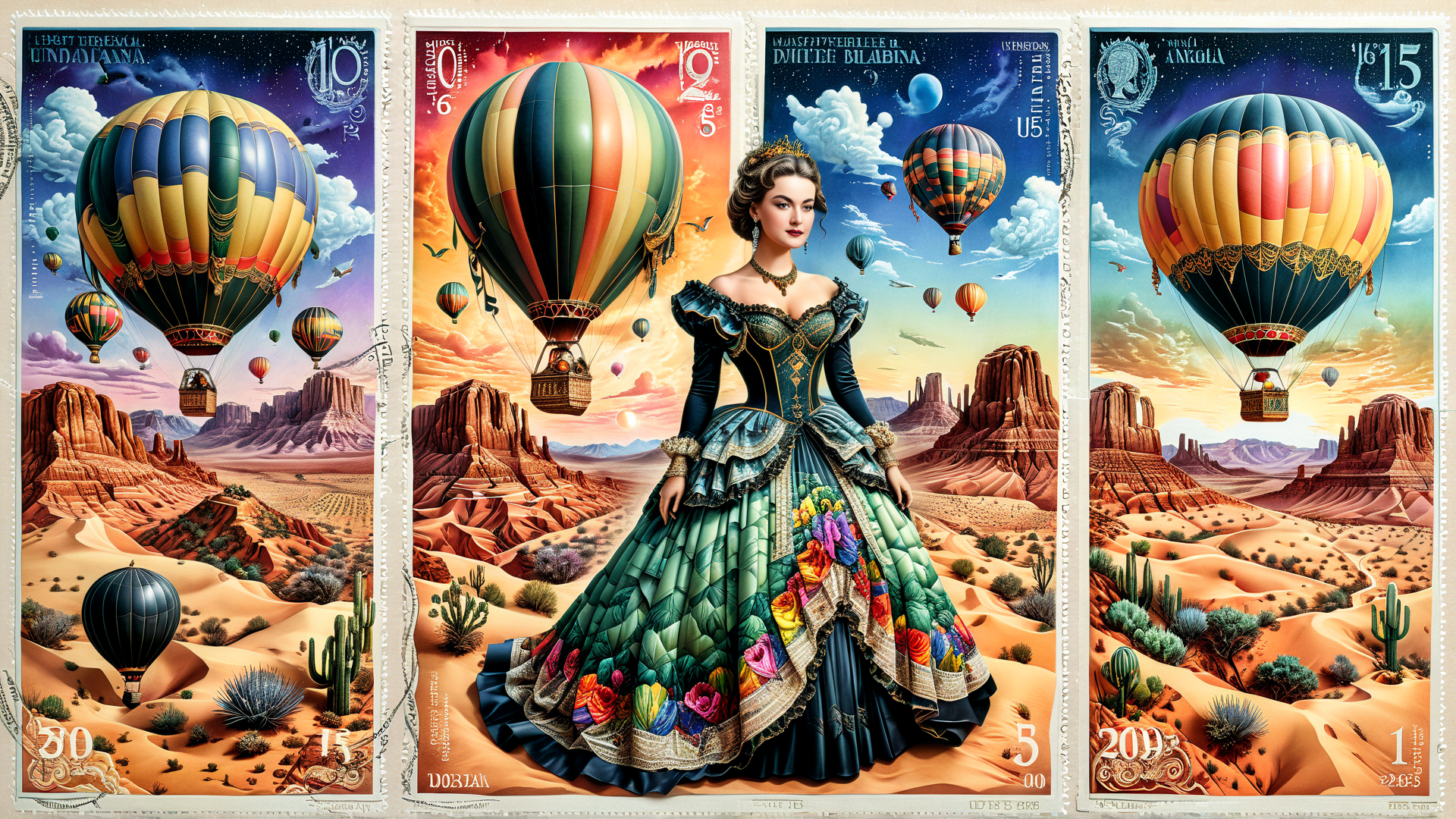 AI generated wallpaper featuring queen, hot air balloons, desert