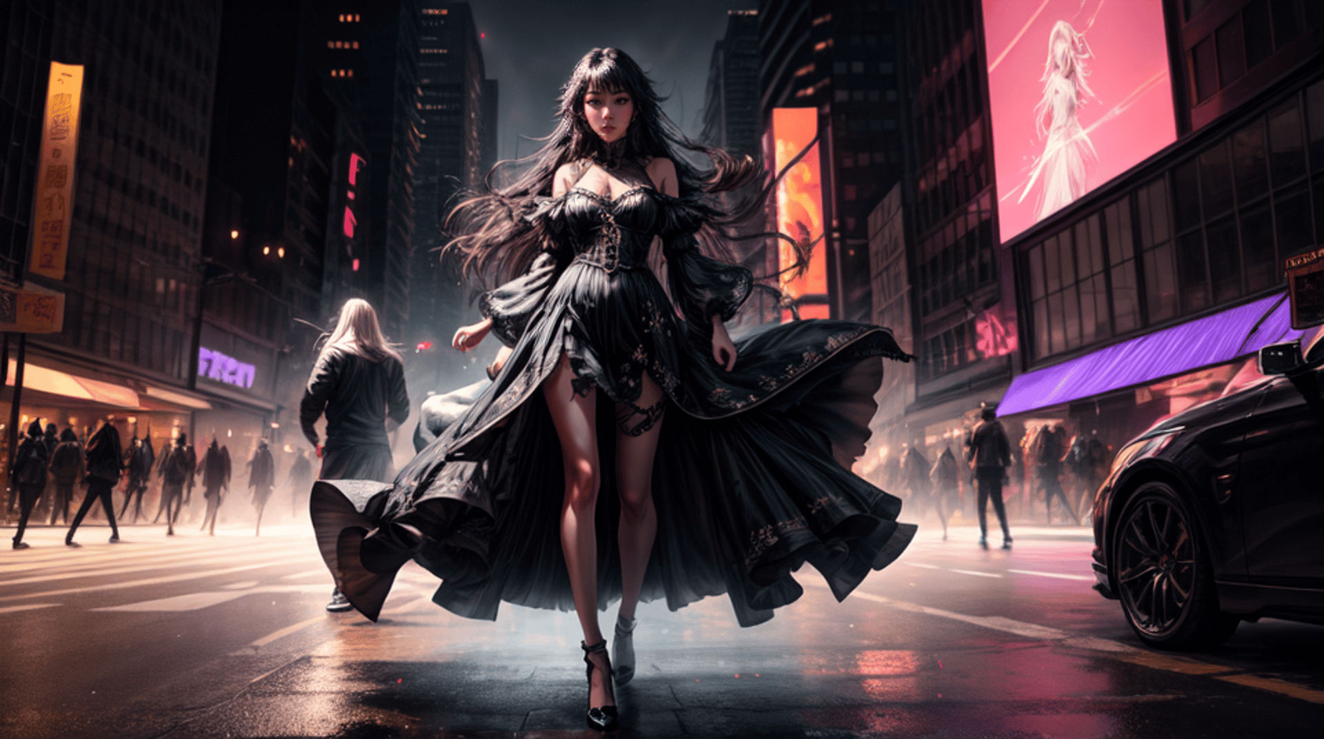AI generated wallpaper featuring woman, city, car