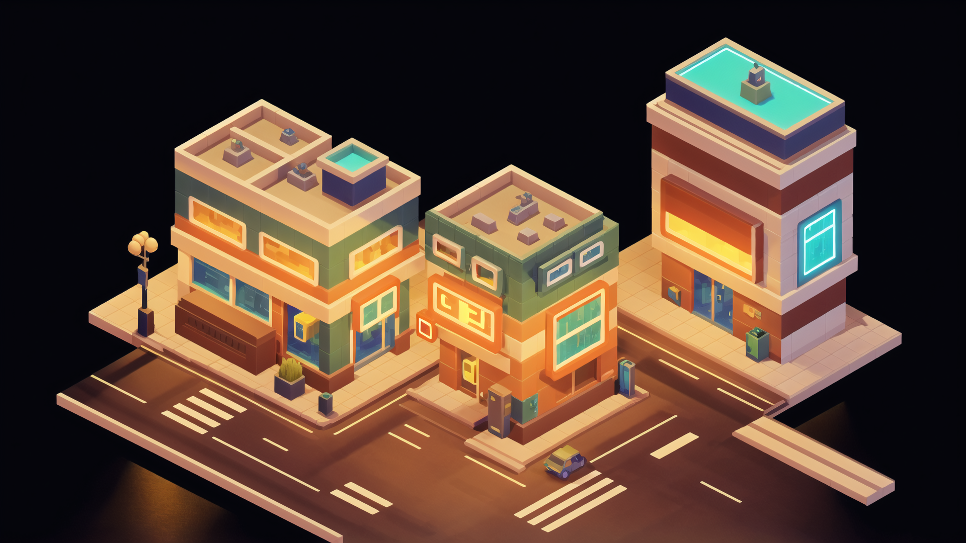 AI generated wallpaper featuring building, city, street, pool, lamp, car, sign, window, sidewalk, road