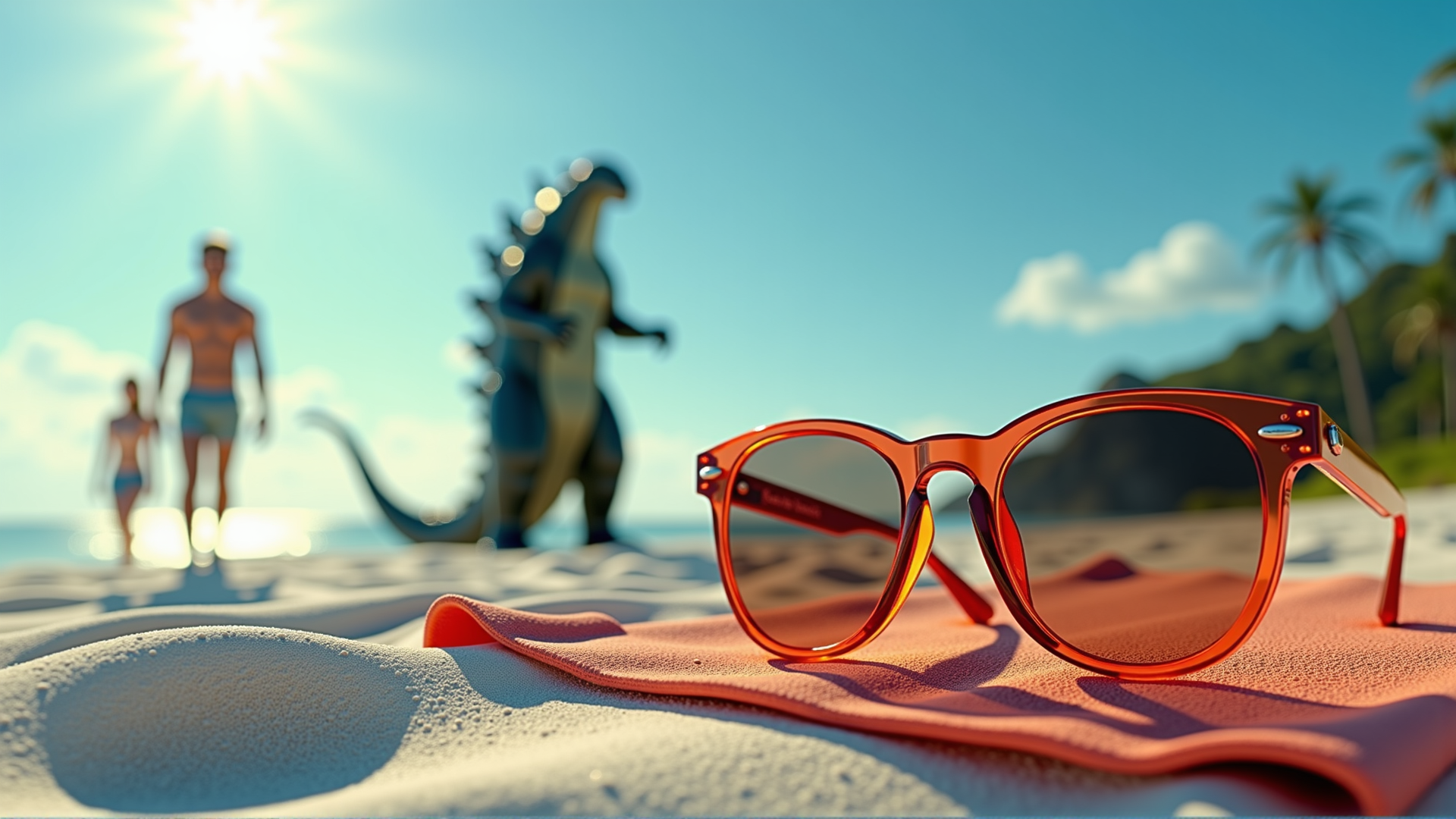 AI generated wallpaper featuring sunglasses, godzilla, beach