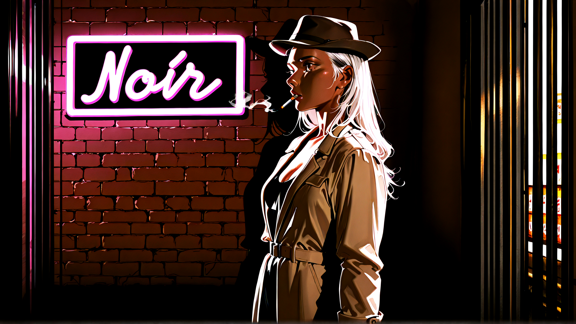 AI generated wallpaper featuring woman, neon sign, bricks, hat, cigarette, jacket, shadow, window, hair, city