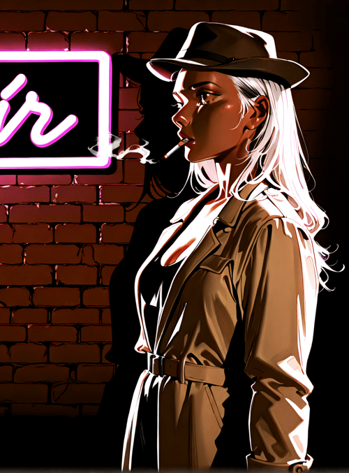 woman, neon sign, bricks, hat, cigarette, jacket, shadow, window, hair, city