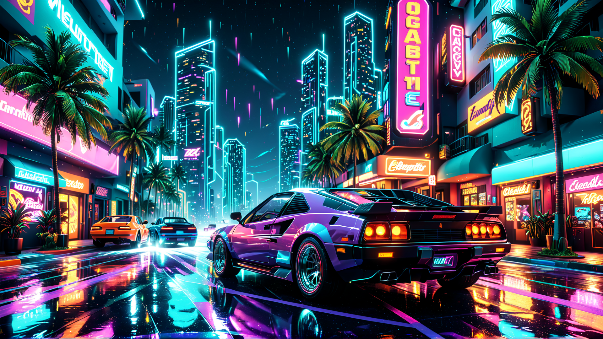 AI generated wallpaper featuring cars, city, neon