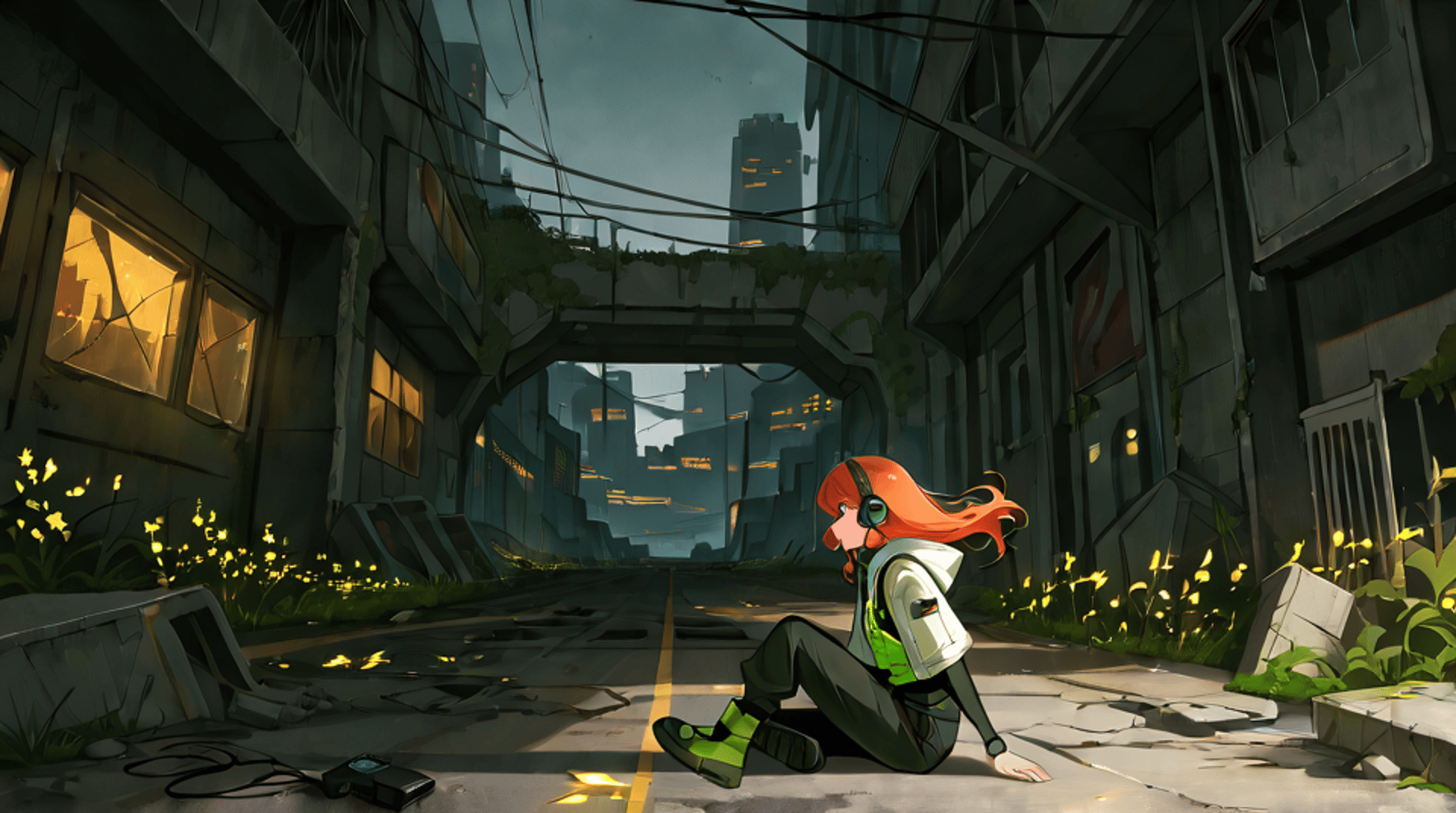 AI generated wallpaper featuring girl, city, plants