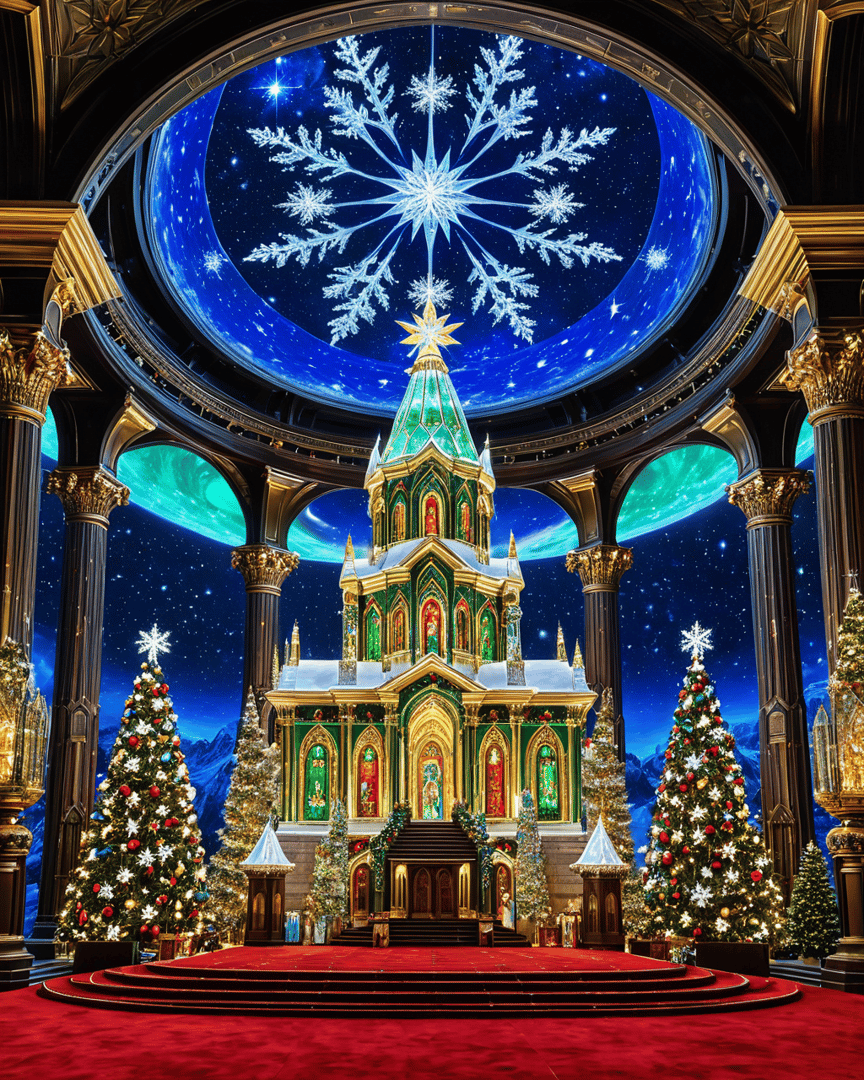 AI generated wallpaper featuring church, christmas tree, snowflake, starchild, columns, stars, red carpet, sleigh, ornaments, altar