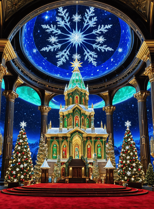 church, christmas tree, snowflake, starchild, columns, stars, red carpet, sleigh, ornaments, altar