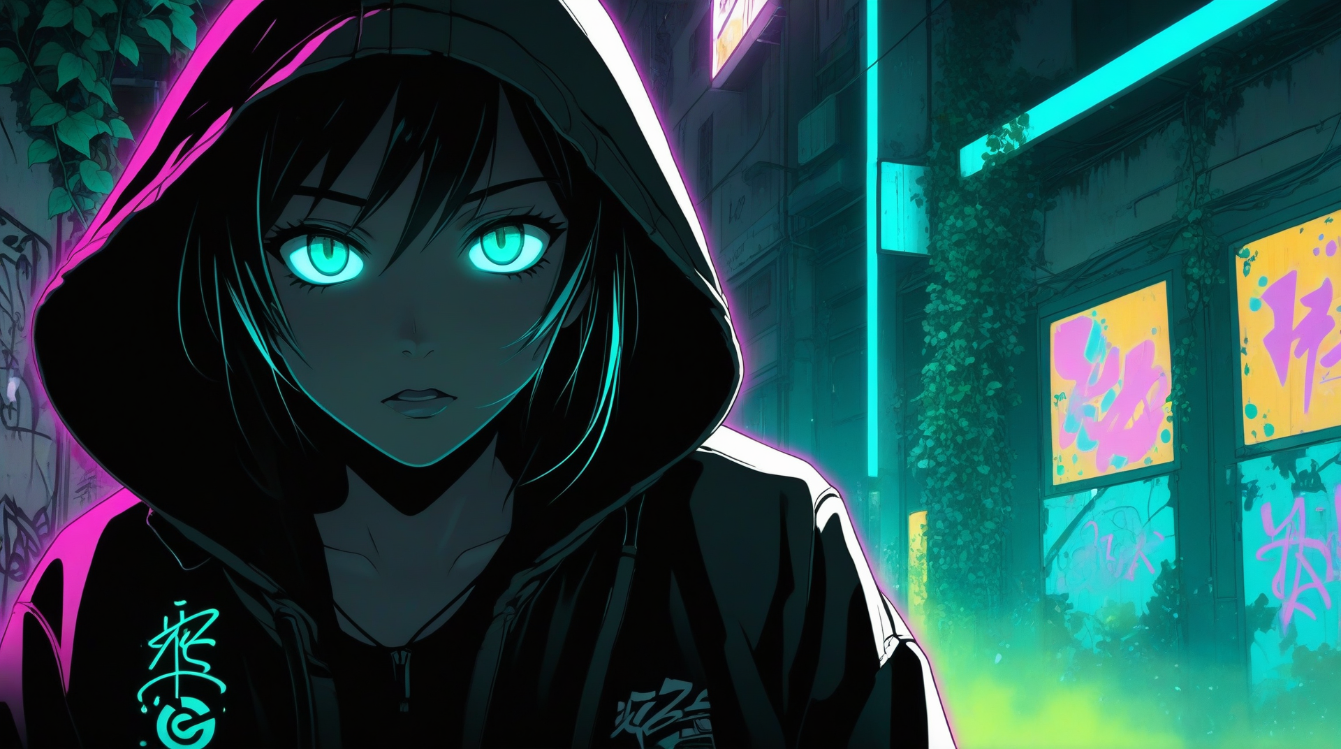 AI generated wallpaper featuring girl, hoodie, neon