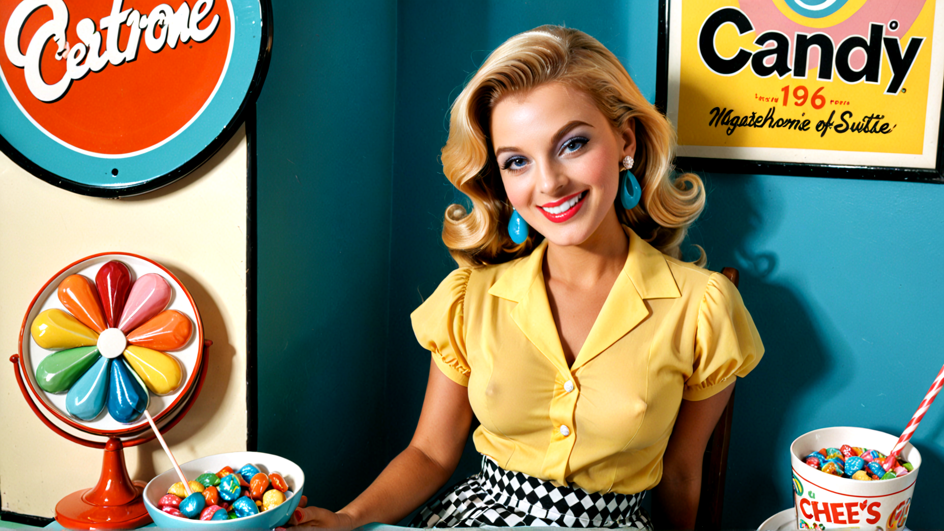 AI generated wallpaper featuring woman, candy, sign, bowl, chair, poster, lollipop, shirt, skirt, cup