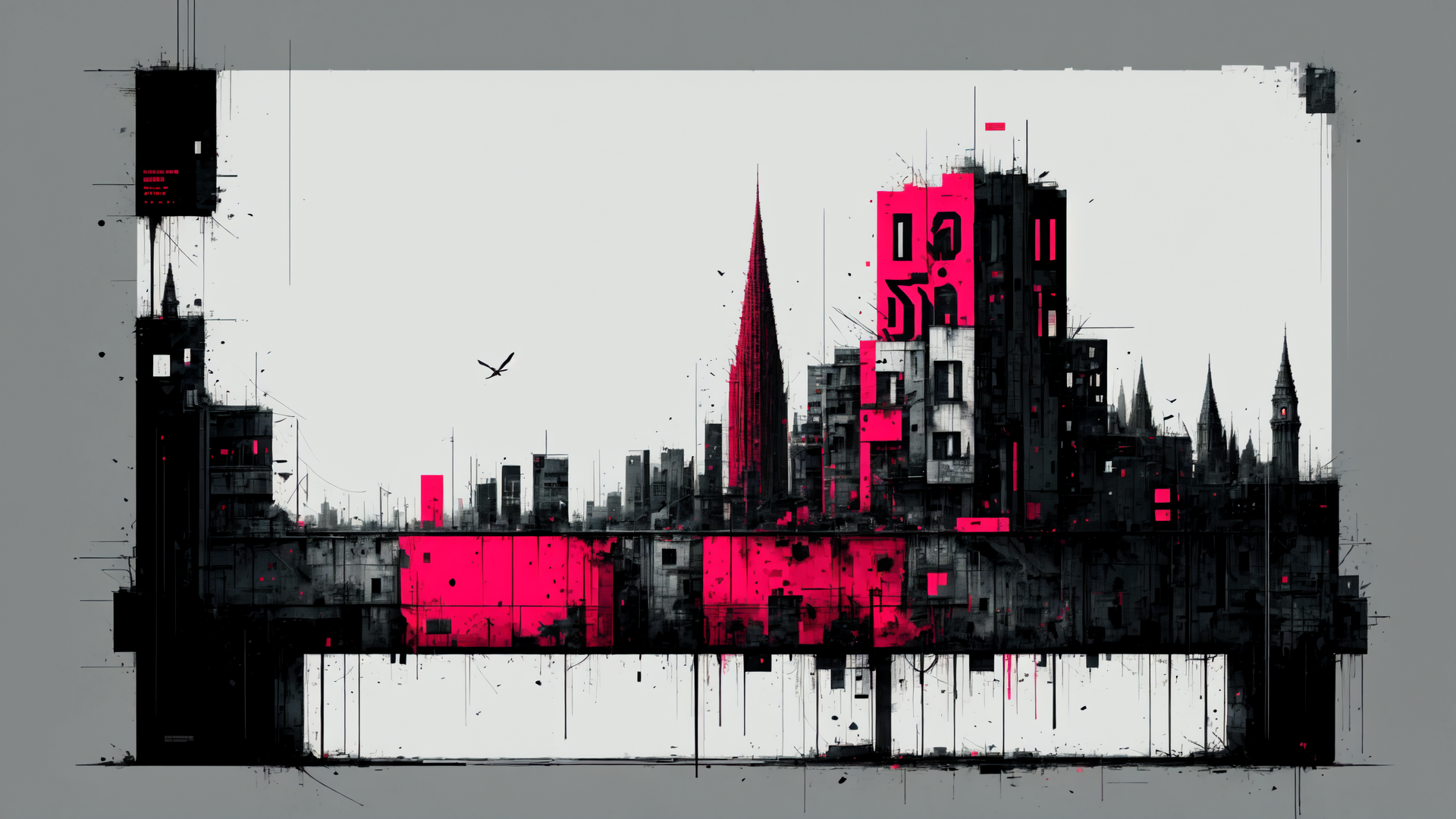 AI generated wallpaper featuring cityscape, buildings, skyscrapers, spire, banners, birds
