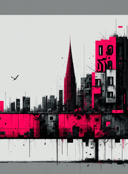 cityscape, buildings, skyscrapers, spire, banners, birds