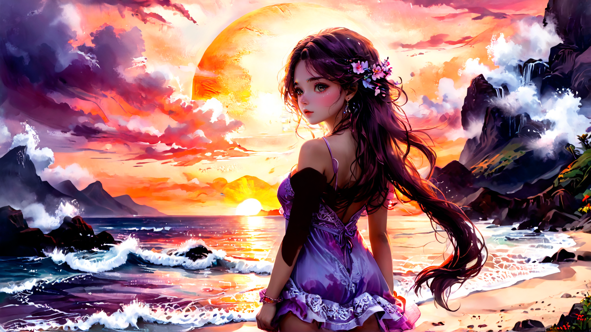 AI generated wallpaper featuring girl, beach, sunset