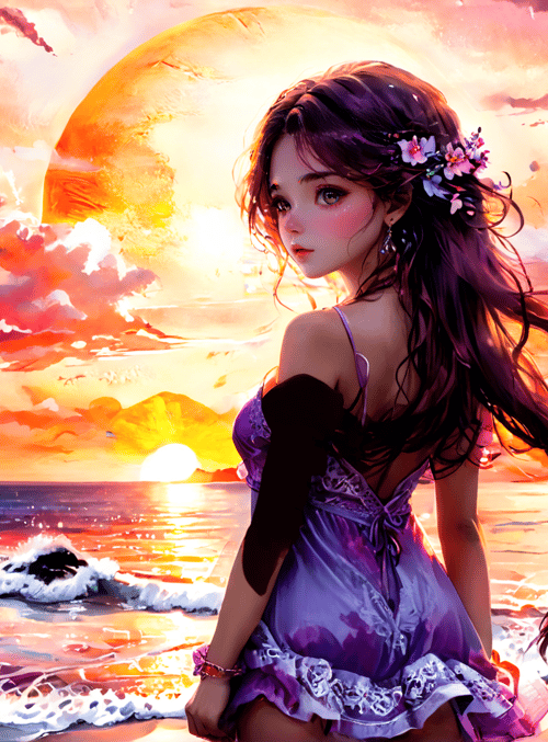 girl, beach, sunset