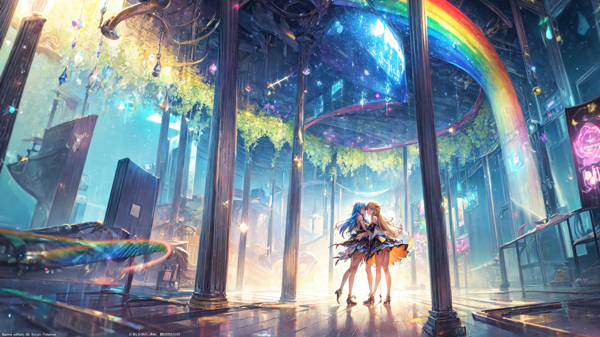AI generated wallpaper featuring anime girls, rainbow, city