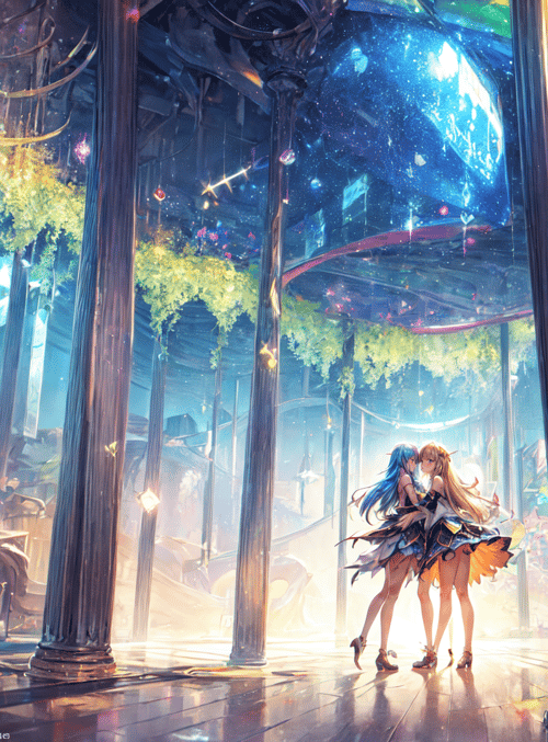 anime girls, rainbow, city