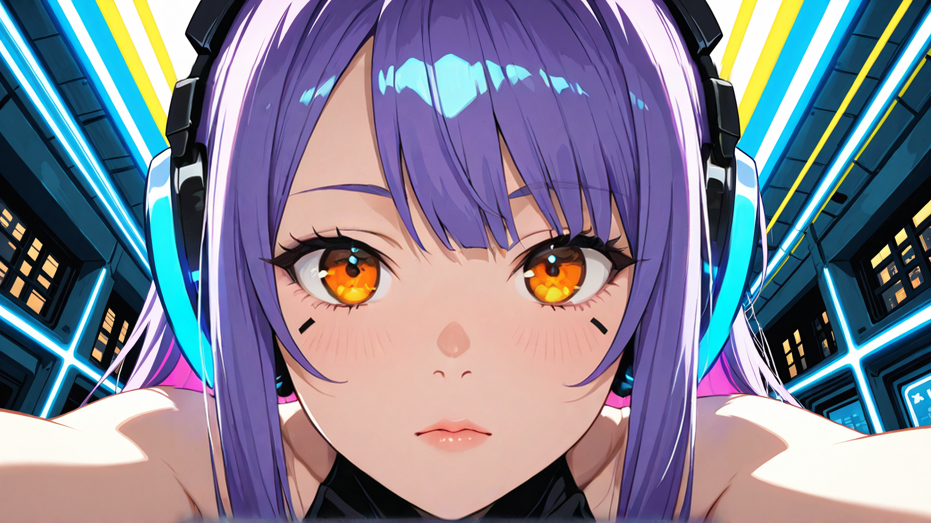 AI generated wallpaper featuring anime girl, headphones, neon lights