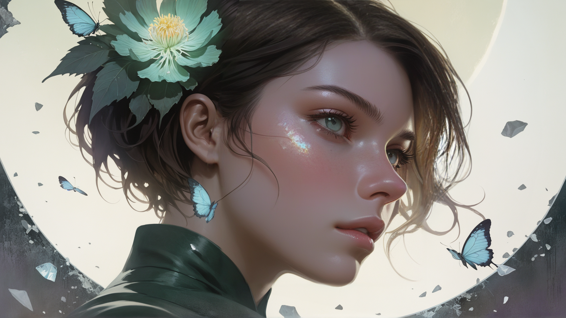 AI generated wallpaper featuring woman, butterfly, flower