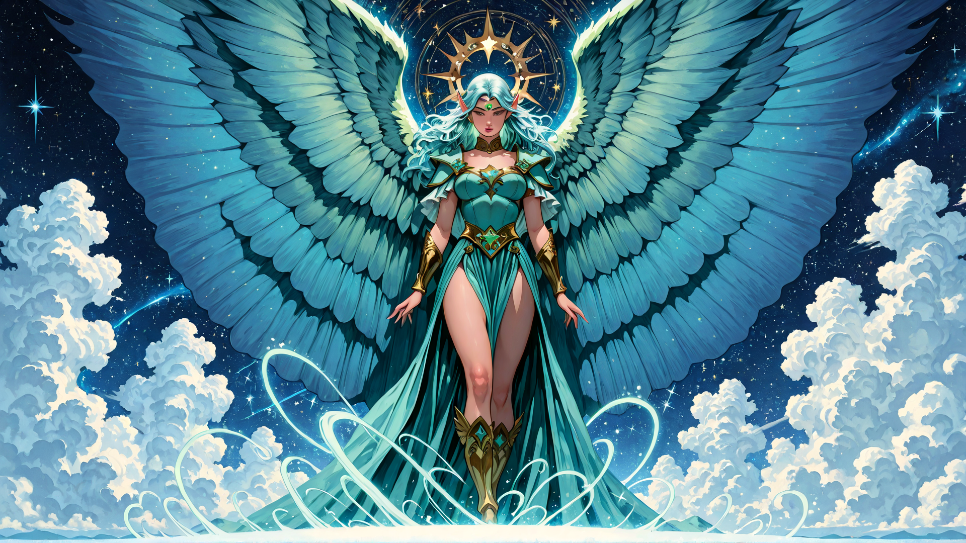 AI generated wallpaper featuring angel, woman, wings, stars, clouds, headdress, dress, gloves, stars, background
