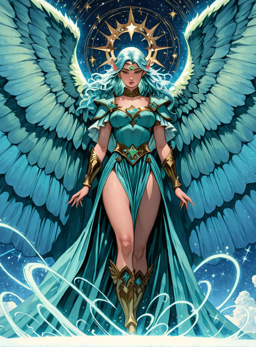 angel, woman, wings, stars, clouds, headdress, dress, gloves, stars, background