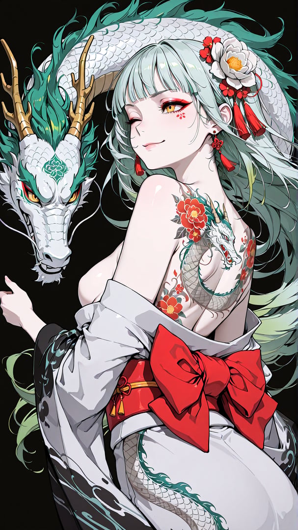 AI generated wallpaper featuring woman, dragon, dragon, flower, tattoo, bow