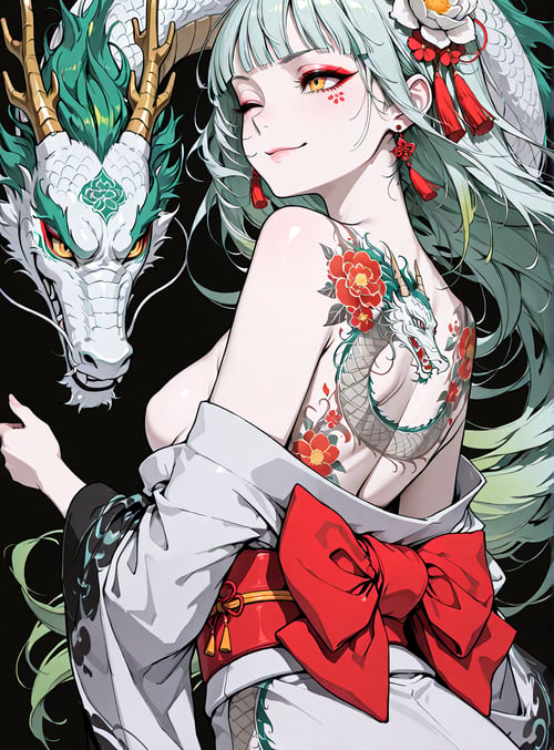 woman, dragon, dragon, flower, tattoo, bow