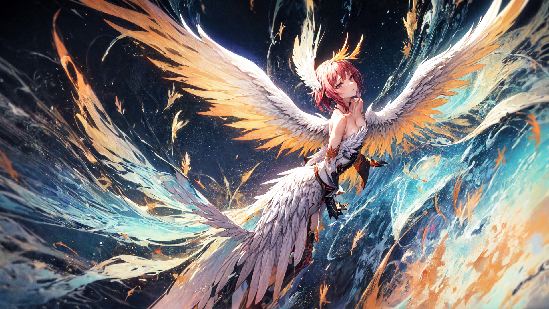 AI generated wallpaper featuring angel, winged figure, anime girl