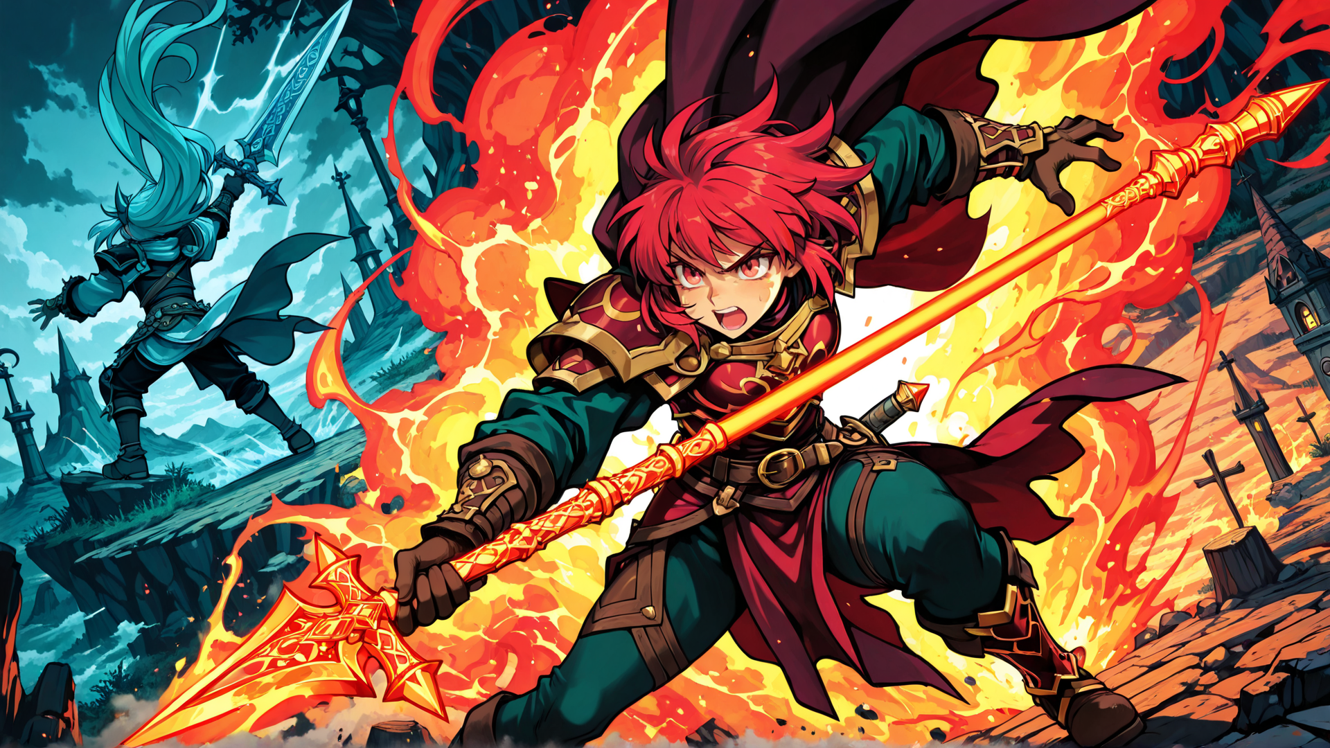 AI generated wallpaper featuring character, sword, fire, dragon, castle, armor, magical, battle, hero, elf
