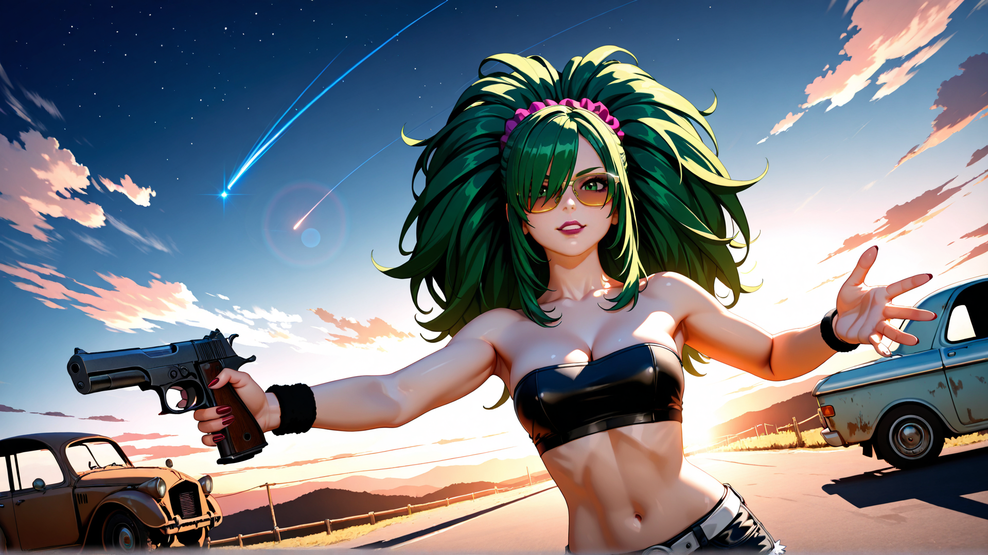 AI generated wallpaper featuring woman, gun, car, sunglasses, hair, sky, stars, comet, road, sunset