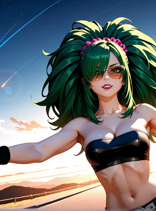 woman, gun, car, sunglasses, hair, sky, stars, comet, road, sunset