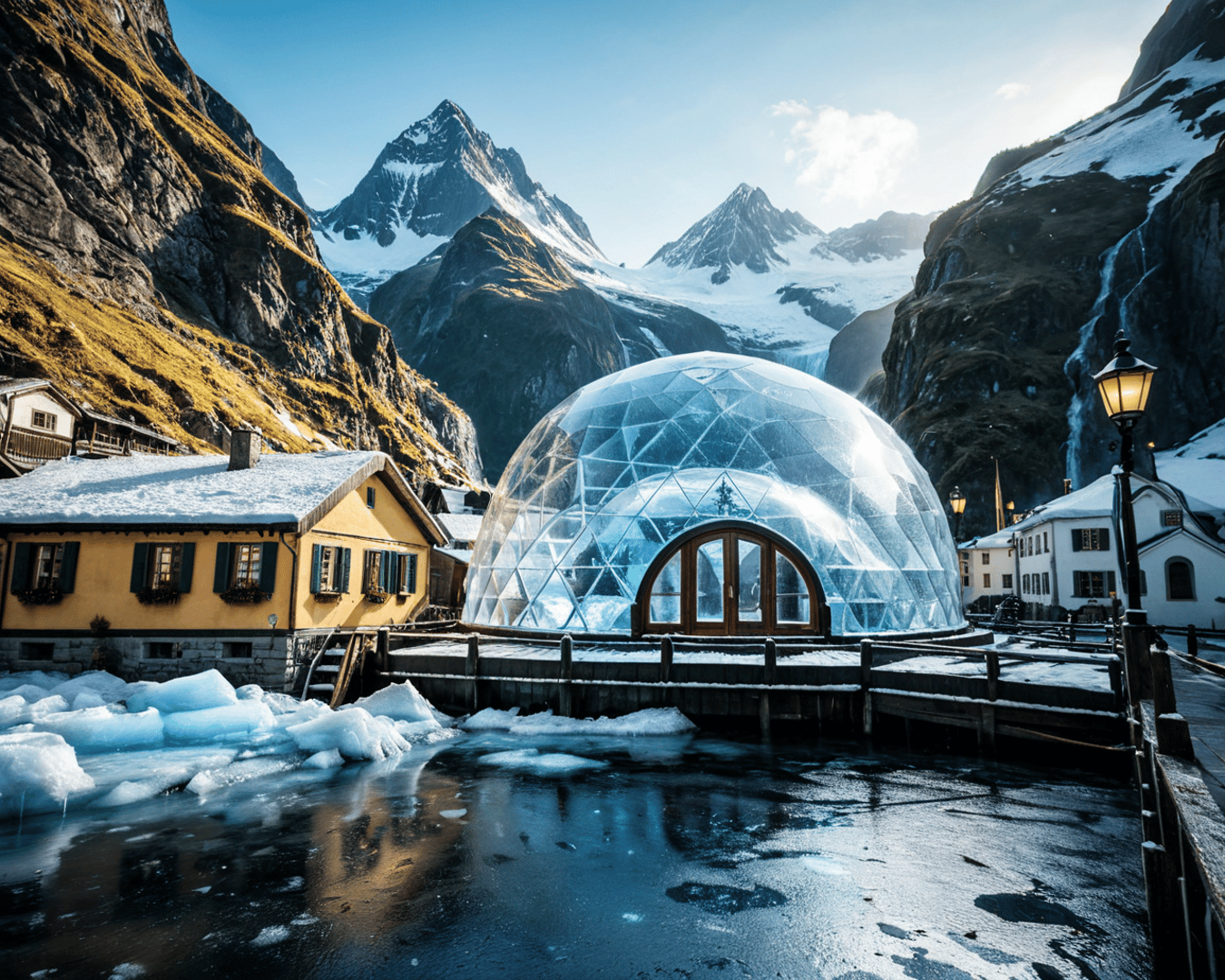 AI generated wallpaper featuring igloo, mountains, house, water, lamp, ice, frost, bridge, tree, snow