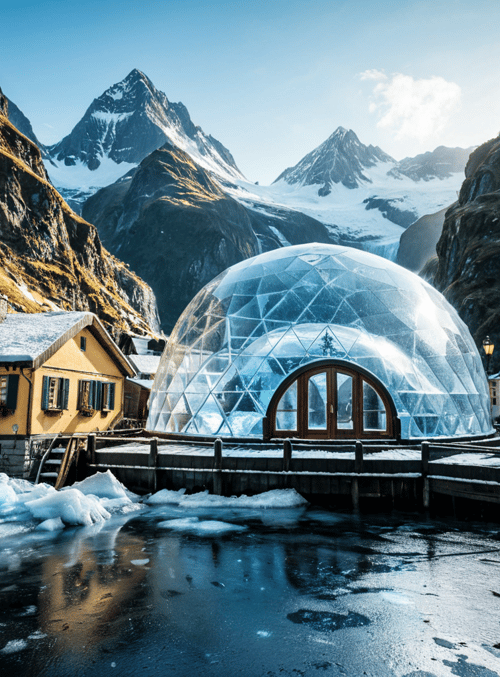 igloo, mountains, house, water, lamp, ice, frost, bridge, tree, snow