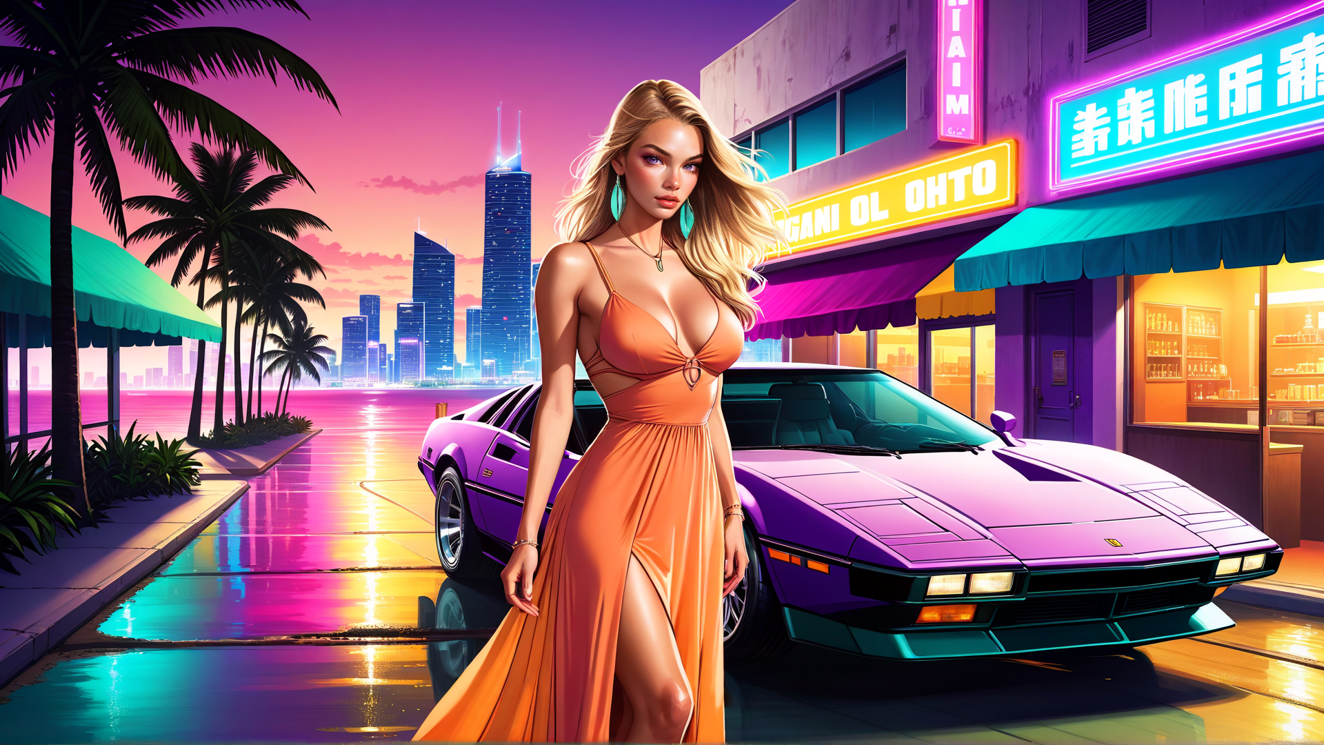 AI generated wallpaper featuring woman, car, city