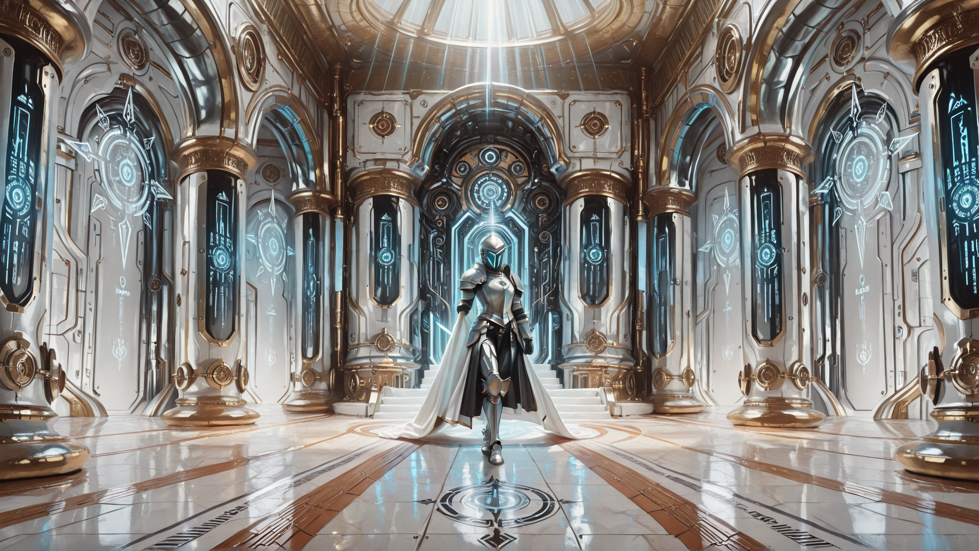 AI generated wallpaper featuring robot, armor, chapel, archway, corridor, light