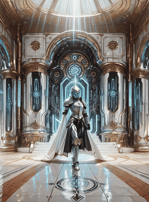 robot, armor, chapel, archway, corridor, light