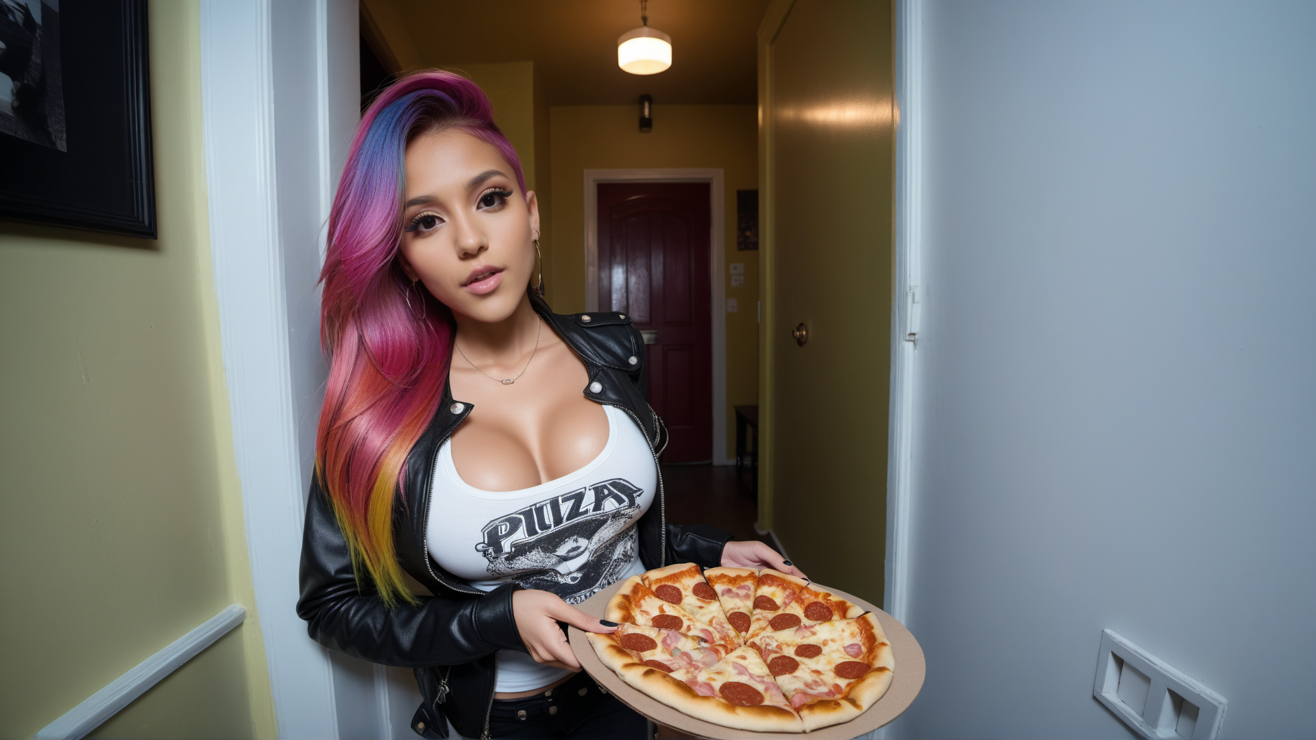 AI generated wallpaper featuring woman, pizza, pizza box