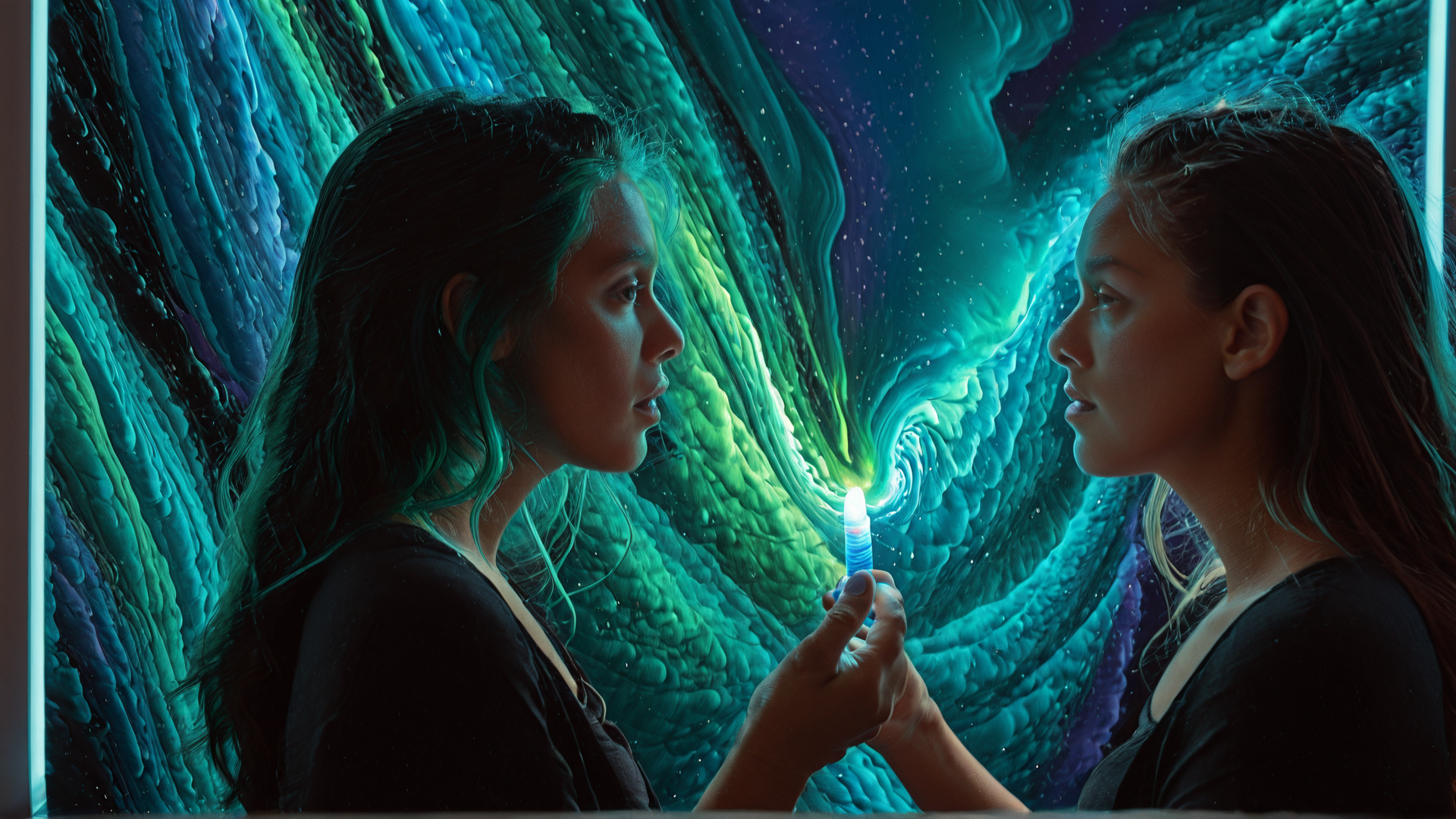 AI generated wallpaper featuring two women, candle, aurora