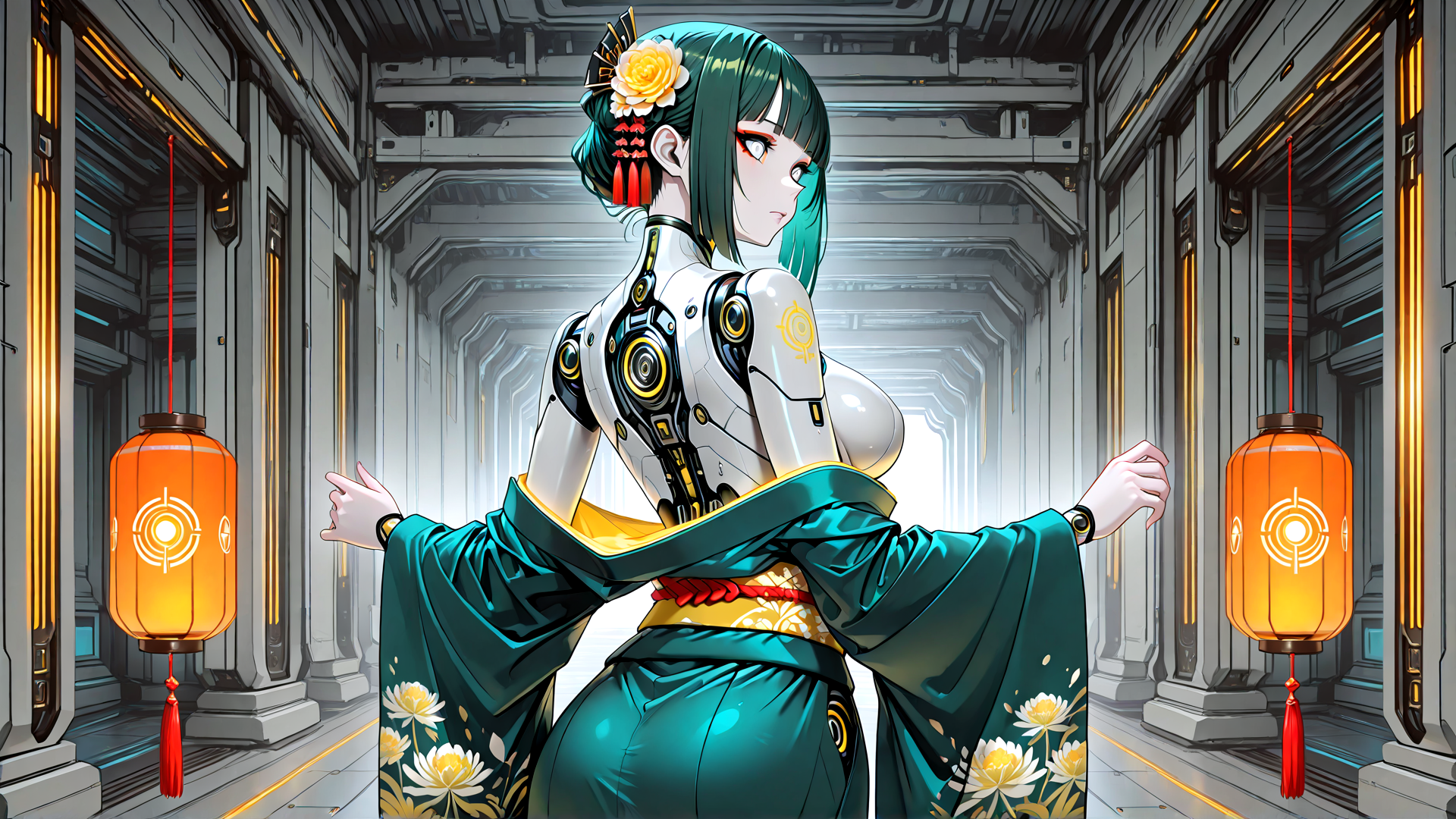 AI generated wallpaper featuring robot, woman, kimono, lantern, corridor