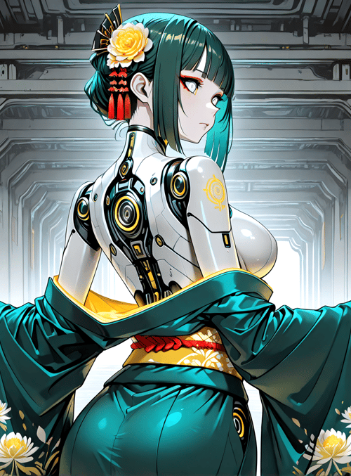 robot, woman, kimono, lantern, corridor