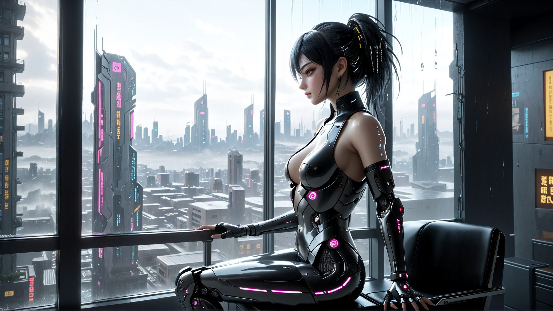 AI generated wallpaper featuring cyborg, woman, cityscape