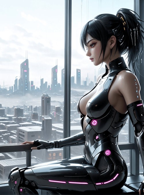 cyborg, woman, cityscape