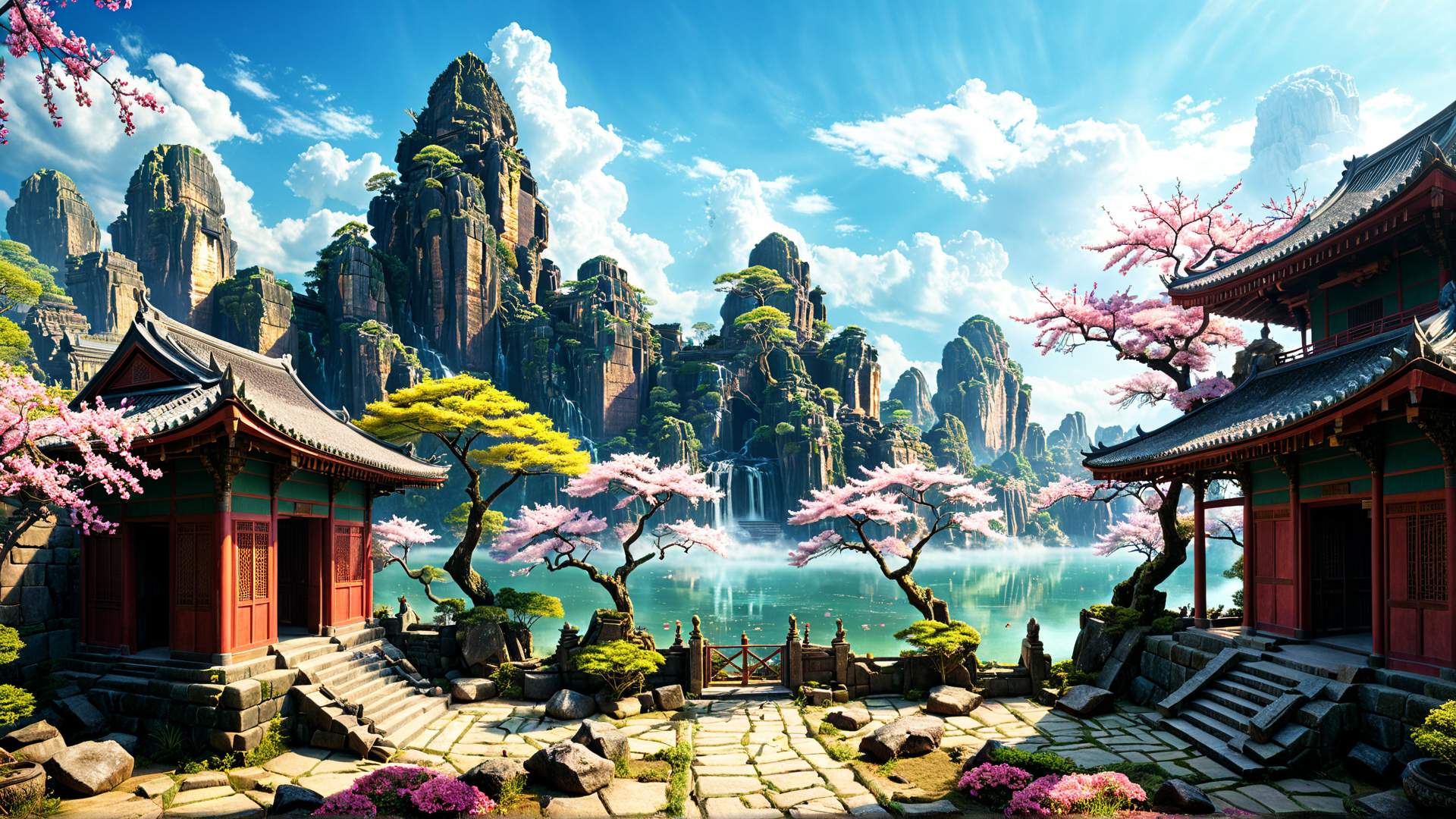 AI generated wallpaper featuring temple, mountains, cherry blossoms, lake, garden