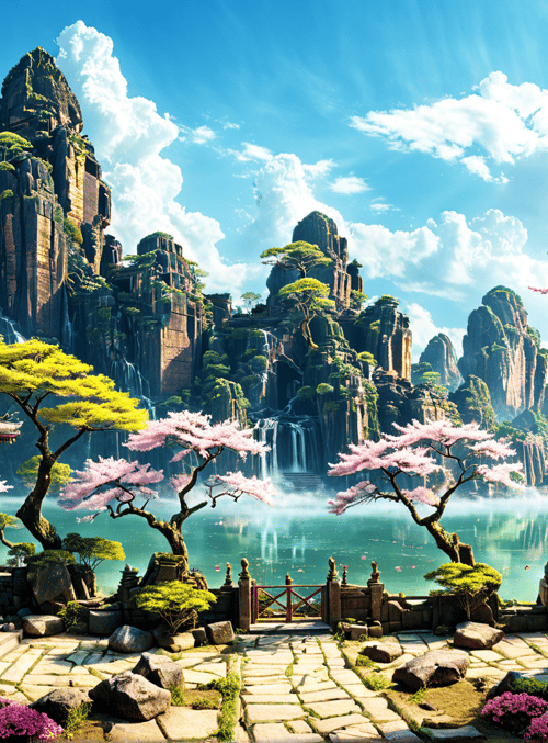 temple, mountains, cherry blossoms, lake, garden