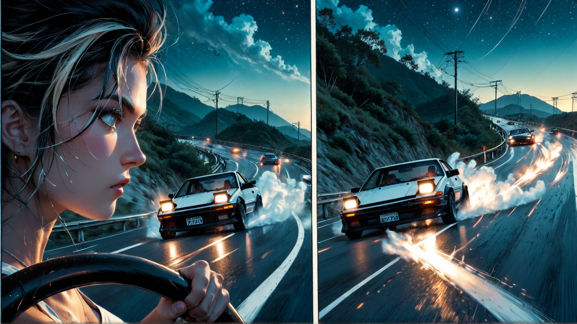 AI generated wallpaper featuring woman, car, road, mountains, stars, sky, wheels, smoke, light, windshield