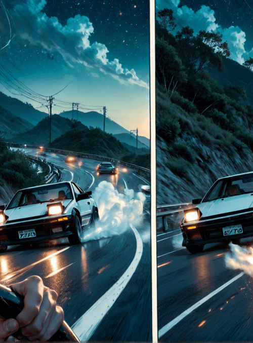 woman, car, road, mountains, stars, sky, wheels, smoke, light, windshield