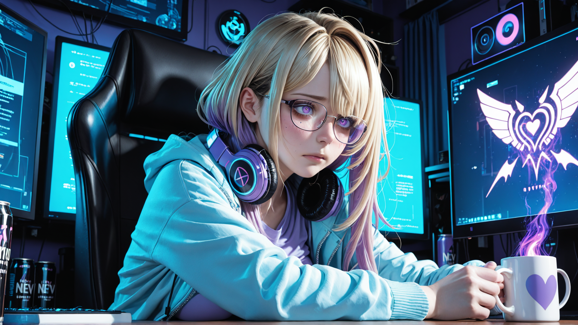 AI generated wallpaper featuring girl, gamer, headphones, monitor, cup, chair, cans